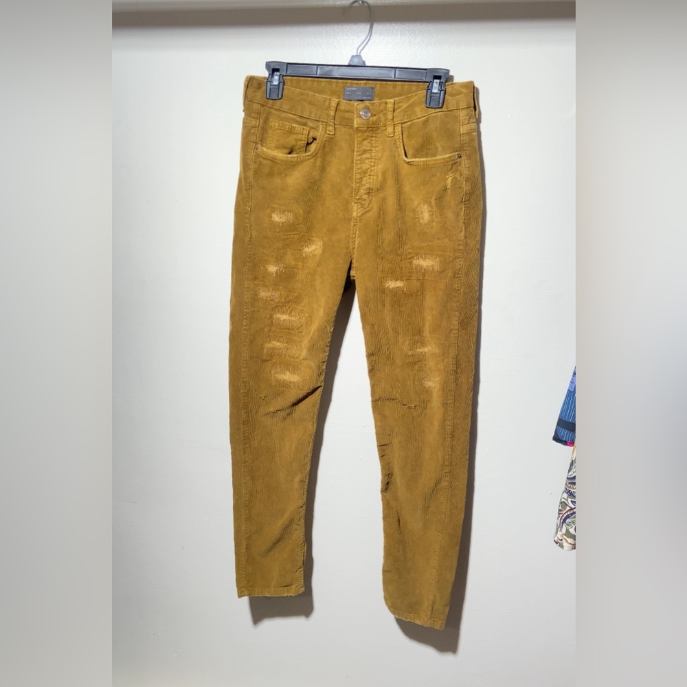 Zara Men Recover Corduroy Patchwork Distressed Pants Camel Dark Mustard Brown